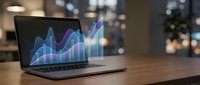 Laptop displaying holographic financial charts and graphs with glowing data visualization on wooden desk in modern office environment for business analytics.