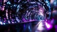 Futuristic digital tunnel with glowing purple and blue neon lights creating cyber space corridor for technology and sci-fi concepts.