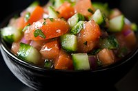 Fresh cucumber tomato salad with herbs and red onion in black ceramic bowl, macro food photography showing juicy vegetables and aromatic seasoning.