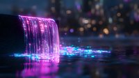 Glowing neon waterfall cascades with purple and blue light streams reflecting on dark water surface, creating magical nighttime atmosphere with bokeh effects.