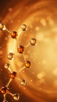 Golden molecular structure with glowing spheres and connecting bonds on warm bokeh background for scientific research and chemistry education concepts.