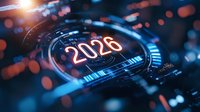Futuristic digital display showing year 2026 with glowing numbers against dark background, surrounded by technological elements and blurred bokeh lights in blue tones.