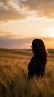 Silhouette of young woman with curly hair standing in golden wheat field during sunset with dramatic orange sky and warm light creating peaceful countryside moment.