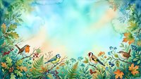 Watercolor garden scene with various songbirds perched among blooming flowers, lush green foliage, and botanical elements in soft pastel tones for nature illustrations and wildlife designs.