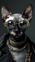 Hairless sphynx cat wearing steampunk gold glasses, luxury jewelry and leather jacket against dark background, striking blue eyes and distinctive wrinkled skin.