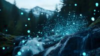 Magical glowing particles float over cascading waterfall at night with mountain silhouette in background creating ethereal nature atmosphere.