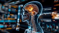 Glowing human brain x-ray visualization showing neural activity and skull structure against dark background with bokeh lights, medical science concept for neurology.