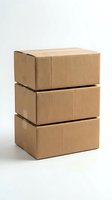 Stack of three sealed cardboard shipping boxes with corrugated kraft paper construction, isolated on white background for packaging, logistics, delivery, storage and warehouse design projects.