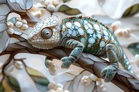 Turquoise and white spotted chameleon with intricate scale patterns resting on delicate floral branch, showcasing detailed reptilian texture and natural camouflage abilities.