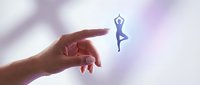 Hand reaching toward floating yoga figure in tree pose against soft purple background for wellness and mindfulness concepts.
