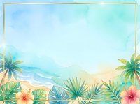 Tropical beach scene with palm trees, monstera leaves, and hibiscus flowers in watercolor style. Soft blue ocean waves meet sandy shore with golden sunlight. Isolated on white background, ready for design projects.