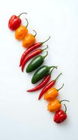 Colorful hot chili peppers arranged in curved line on white background. Fresh spicy vegetables for cooking, seasoning and culinary recipes.