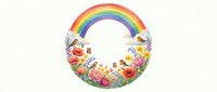 Colorful rainbow arc with vibrant wildflowers and butterflies in circular floral border on white background for spring designs and greeting cards.