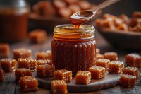Golden honey dripping from wooden spoon into glass jar surrounded by amber honeycomb pieces on rustic wooden surface for natural sweetness and organic food concepts.