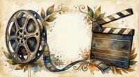 Vintage film reel and movie clapperboard with decorative foliage frame on aged paper background, suitable for cinema, entertainment, and media design projects.