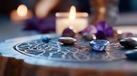Spiritual altar with mandala, healing crystals and burning candle creating peaceful meditation space for mindfulness practice and energy healing.