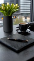 Black leather notebook with gold pen beside coffee cup and tulip vase on modern office desk. Professional workspace setup for business planning and productivity.