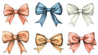 Watercolor bows collection in pastel colors of coral, blue, cream and gold on white background, isolated elements for decoration and design projects.