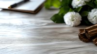Fresh white carnations and cinnamon sticks on rustic wooden background with soft natural lighting, creating cozy atmosphere for spa, wellness or aromatherapy design.