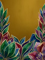 Ornamental foliage with gold outlines arranged on rich mustard background, featuring jewel-toned leaves in emerald, sapphire, and burgundy. Decorative botanical border design for luxury packaging and editorial layouts.