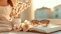 Cozy spring morning setup with sunglasses on open book, delicate cherry blossoms in white vase, and knitted sweater in warm sunlight creating peaceful atmosphere.