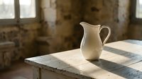 Cream-colored ceramic pitcher on marble table in rustic interior with sunlight streaming through windows, suitable for home decor and lifestyle photography.