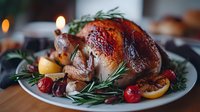 Roasted whole chicken with crispy glazed skin garnished with fresh rosemary sprigs, citrus slices and cranberries served on white plate in moody lighting.