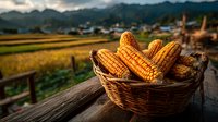 Fresh corn cobs in wicker basket on wooden table with rural mountain landscape background. Autumn harvest season agricultural produce for cooking and food.
