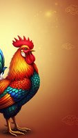 Colorful rooster with vibrant plumage on golden gradient background with decorative clouds for Chinese New Year celebrations and zodiac designs.