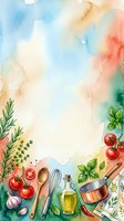 Watercolor cooking background with fresh herbs, tomatoes, kitchen utensils and olive oil bottle creating culinary frame for recipe cards and food blogs.