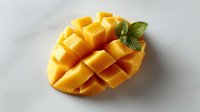 Fresh ripe mango half with diced cubes and mint leaf garnish on white background, tropical fruit ready for healthy snacking and culinary use.