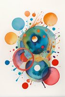 Abstract watercolor circles in vibrant blue, orange and coral tones with dynamic splashes and dots creating playful composition on white paper. Artistic expression for wall decor.