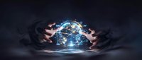 Hands protecting glowing digital Earth with network connections and data streams in dark space for technology and global communication concepts.