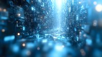 Abstract digital network with glowing blue particles and light streams flowing through futuristic cyber space, representing data transmission and connectivity.