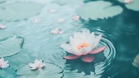 White water lily floating on turquoise pond water with circular ripples, surrounded by lily pads and delicate pink petals creating tranquil zen atmosphere.
