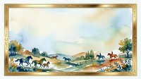 Watercolor rural farm landscape with horses, cattle, and wooden fences in countryside setting. Suitable for home decor, agricultural themes, and pastoral wall art.