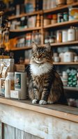 Majestic Maine Coon cat sitting on wooden counter in coffee shop with shelves of coffee containers and supplies in background, warm atmospheric lighting.