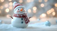 Cheerful snowman with knitted hat and scarf on snowy surface against warm bokeh lights background for holiday decorations and winter celebrations.