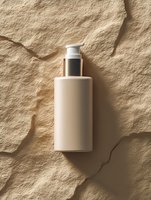 Minimalist beige cosmetic bottle with pump dispenser on textured stone background with natural shadows, modern skincare packaging mockup for beauty products.