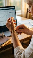Senior woman with reddish nail polish working at laptop displaying financial data, analyzing investment portfolio or stock market information at home office desk.