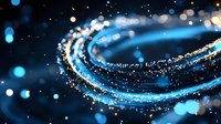 Glowing blue spiral light trail with sparkling particles and bokeh effects against dark background creates magical atmosphere for festive designs.