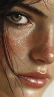 Close-up of face with natural freckles, green eyes, glossy lips, and strands of dark hair falling across dewy skin.