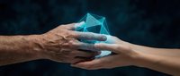 Two hands reaching toward each other holding glowing blue geometric network structure symbolizing connection, collaboration and digital transformation in business.
