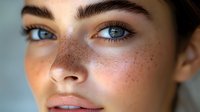 Close-up portrait of young woman with freckles, blue eyes, and natural makeup on neutral background. Perfect for beauty, skincare, and cosmetic advertising.