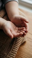 Baby hands cupped together in gentle gesture on wooden surface wearing knitted brown sweater for parenting and childhood concepts.