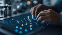 Professional hands adjusting audio mixing console with illuminated controls in recording studio. Blue ambient lighting creates moody atmosphere for music production.