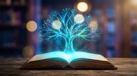 Open book with glowing digital tree emerging from pages against blurred library background, representing knowledge, learning, education, and innovation for educational content.