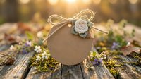 Rustic kraft paper gift tag with white rose and twine bow on weathered wood surface with moss and wildflowers in warm golden sunlight for wedding favors.