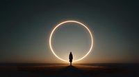 Silhouette of person standing before glowing solar eclipse ring on desert horizon at dusk, creating dramatic cosmic atmosphere.