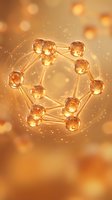 Golden molecular structure with glowing spheres and connecting bonds on warm bokeh background for scientific research and chemistry education.